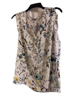 LOFT White Sleeveless V-Neck Blouse with Blue & Yellow Floral Print